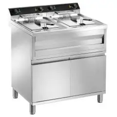 ELEKTRO-FRITTEUSE - KORAL SERIE - MOD. HT1212C - 2 BECKEN: 12 + 12 LITER ÖL - DREHSTROM V 400/50-60Hz - LEISTUNG kW 9 + 9 - ABMESSUNGEN cm B 80 x T 70 x H 96
