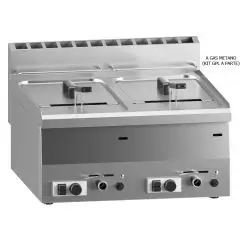 GAS TISCHFRITTEUSE - LINIE M - MOD. 60/60 FRG - 2 Becken: 8 + 8 Liter Öl - Leistung: 13,6 kW - Produktmaße in cm (B x T x H): 60 x 60 x 30 - EG-Norm