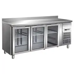 KÜHLTISCH MIT AUFKANTUNG AUS EDELSTAHL AISI 304 - UMLUFTKÜHLUNG - Mod. G-GN3200TNG - GASTRONORM 1/1 (53 x 32,5 cm) - 3 GLASTÜREN - Bruttokapazität: 417 Liter - TEMPERATUR: +2°/+8°C - Abmessungen in cm. (B x T x H): 179,5 x 70 x 96 - EG-Norm