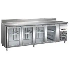 KÜHLTISCH MIT AUFKANTUNG AUS EDELSTAHL AISI 304 - UMLUFTKÜHLUNG - Mod. G-GN4200TNG - GASTRONORM 1/1 (53 x 32,5 cm) - 4 GLASTÜREN - Bruttokapazität: 553 Liter - TEMPERATUR: +2°/+8°C  - Abmessungen in cm. (B x T x H): 223 x 70 x 96 - EG-Norm