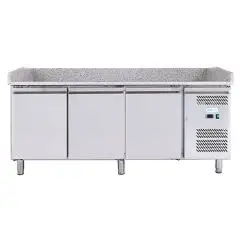 PIZZAKÜHLTISCH AUS EDELSTAHL AISI 201 - FÜR PIZZATEIGBEHÄLTER 60 x 40 cm - UMLUFTKÜHLUNG - Mod. G-PZ3600TN FC - 3 KÜHLTÜREN - TEMPERATUR: -2°/+8°C - ABMESSUNGEN IN cm (B x T x H): 202 x 80 x 100 - EG-Norm