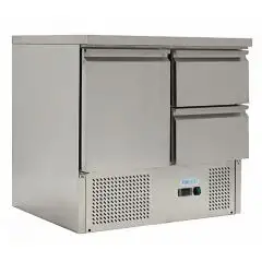 SALADETTE UND KÜHLTISCH AUS EDELSTAHL AISI 201 - Mod. G-S901-2D-FC - STATISCHE KÜHLUNG - GASTRONORM 1/1 (53 x 32,5 cm) - 1 KÜHLTÜR - 2 SCHUBLADEN - TEMPERATUR: +2°/+10°C - Abmessungen in cm. (B x T x H): 90 x 70 x 85 - EG-Norm