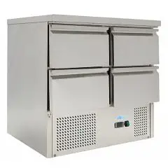 SALADETTE UND KÜHLTISCH AUS EDELSTAHL AISI 201 - Mod. G-S901-4D-FC - STATISCHE KÜHLUNG - 4 SCHUBLADEN - TEMPERATUR: +2°/+10°C - Abmessungen in cm. (B x T x H): 90 x 70 x 85 - EG-Norm