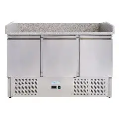 PIZZAKÜHLTISCH AUS EDELSTAHL AISI 201 - GASTRONORM 1/1(cm 53 x 32,5) - STATISCHE KÜHLUNG - Mod. G-S903PZVRX FC - MIT KÜHLAUFSATZ  - 3 KÜHLTÜREN - TEMPERATUR: +2°/+8°C - Abmessungen in cm (B x T x H): 140 x 70 x 102 - EG-NORM