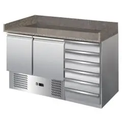 PIZZAKÜHLTISCH AUS EDELSTAHL AISI 201 - GASTRONORM 1/1(cm 53 x 32,5) - STATISCHE KÜHLUNG - Mod. G-S903PZCAS FC - 2 KÜHLTÜREN + 6 NEUTRALE SCHUBLADEN - TEMPERATUR: +2°/+8°C - Abmessungen in cm (B x T x H): 142 x 70 x 102 - EG-NORM