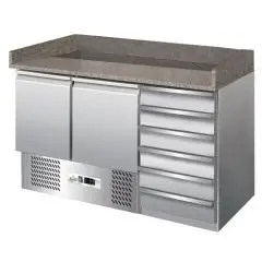 PIZZAKÜHLTISCH AUS EDELSTAHL AISI 304 - GASTRONORM 1/1 (53x32,5 cm)  - STATISCHE KÜHLUNG - Mod. G-S903PZCASSV - 2 KÜHLTÜREN - 6 NEUTRALE SCHUBLADEN - TEMPERATUR: +2°/+8°C - ABMESSUNGEN IN cm (B x T x H): 140 x 70 x 102 - EG-Norm