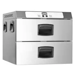 WARMHALTEGERÄT MIT 2 SCHUBLADEN - MOD. GMC2E - ELEKTRONISCHES MODELL - KAPAZITÄT: 2 GN 1/1 - EINPHASIGER ANSCHLUSS: V 230/1/50 Hz - LEISTUNG: 900 W - PRODUKTMASSE IN CM (B x T x H): 65 X 60 X 51 - Gewicht: 35 kg
