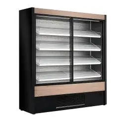 BEL&Uuml;FTETES SELBSTBEDIENUNGS-K&Uuml;HLWANDDISPLAY &ndash; TEMPERATUR +0/+2 &deg;C &ndash; F&Uuml;R GETR&Auml;NKE, MILCHPRODUKTE, VORVERPACKTE PRODUKTE &ndash; MOD. OLIMPO OM W &ndash; MIT SCHIEBET&Uuml;REN &ndash; DREI SCHR&Auml;GE REGALE
