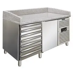 PIZZAKÜHLTISCH - Edelstahl - für Pizzateigbehälter 60x40 cm - Umluftkühlung - Mod PZF01C - 1 gekühlte Tür + 7 Schubladen (ungekühlt) - Temperaturberereich: +2°/+8°C - Produktmaße (B x T x H): 151,5 X 80 X 100