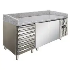 PIZZAKÜHLTISCH - Edelstahl AISI 304 - für Pizzateigbehälter 60x40 cm - Umluftkühlung - Mod PZF02C - 2 gekühlte Türen + 7 Schubladen (ungekühlt) - Temperaturberereich: +2°/+8°C - Produktmaße (B x T x H): 202,5 x 80 x 100