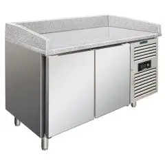 PIZZAKÜHLTISCH - Edelstahl - für Pizzateigbehälter 60x40 cm - Umluftkühlung - Mod PZF02 - 2 Türen - Temperaturberereich: +2°/+8°C - Produktmaße (B x T x H): 151 X 80 X 100
