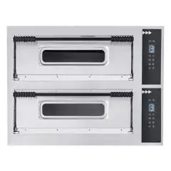 ELEKTRO-PIZZAOFEN - DIGITALE BEDIENUNG - Mod. BASIC 44/D CPR - 2 Backkammern - Decke und Boden aus feuerfestem Material (Seitenteile ausgenommen) - Backkammermaße in cm (BxTxH): 66 x 66 x 14 - Anzahl Pizzen insgesamt 4 + 4 (Ø cm 32) - Leistung 9,4 Kw - CE
