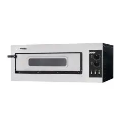 ELEKTRO-PIZZAOFEN - MECHANISCHE BEDIENUNG - Mod. BASIC 1/50/V+L - 1 Backkammer mit Backkammertür aus Glas - Schamottsteinboden - Innenbeleuchtung - Backkammermaße in cm (BxTxH): 62 x 50 x 12 - Anzahl Pizzen insgesamt 1 (Ø cm 45) - Leistung 4 Kw - CE-Norm