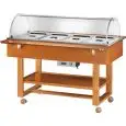 BAIN-MARIE-WAGEN - MOD. ELC2832 - Struktur aus Vollholz - TEMPERATUR:  +30° +90°C - Plexiglashaube- KAPAZITÄT:  4 GN1/1 H15 cm - Stromversorgung 230v/1N/50hz - Abmessungen in cm (B x T x H): 148 x 112 x 125