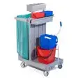 REINIGUNGSWAGEN - MOD. CA1614 - 1 Kunststoffeimer: 15 Liter - Presse - Müllsackhalterung - Sackablage - mittelgroβe Kunststoffkiste -  Flaschenkorb - Abmessungen in cm (B x T x H): 92 x 55 x 124