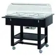 BAIN-MARIE-WAGEN - MOD. CL2777 - Struktur aus Vollholz - TEMPERATUR:  +30°/+90°C - Plexiglashaube - KAPAZITÄT: 3 GN 1/1 H 15 cm - Stromversorgung 230V/1N/50Hz - Abmessungen in cm (B x T x H): 111 x 112 x 125