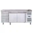 PIZZAKÜHLTISCH AUS EDELSTAHL AISI 201 - FÜR PIZZATEIGBEHÄLTER 60 x 40 cm - UMLUFTKÜHLUNG - Mod. G-PZ2610TN FC - 2 KÜHLTÜREN - 7 NEUTRALE SCHUBLADEN - TEMPERATUR: -2°/+8°C - ABMESSUNGEN IN cm (B x T x H): 202 x 80 x 100 - EG-Norm