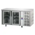 KÜHLTISCH AUS EDELSTAHL AISI 304- UMLUFTKÜHLUNG - Mod. UG02MPV - GASTRONORM 1/1 -  2 GLASTÜREN - TEMPERATUR 0°/+10°C - Abmessungen in cm (B x T x H): 142 x 70 x 85/92 -CE-Kennzeichnung