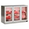 Kühlvitrine zur Fleischkonservierung Modell WALL MEAT 300 INOX, Temperatur -2°C / +10°C, Bruttovolumen 280 Lt, Außenmaße 1350 x 565 x 852 mm.